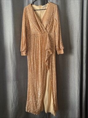 Rose Gold Sequin Wrap Maxi Dress with Long Sleeves